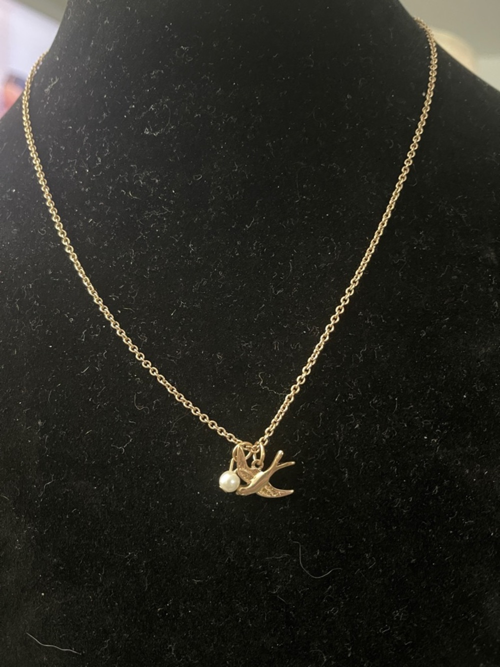 Gold Tone Swallow Pendant Necklace with Pearl Accent